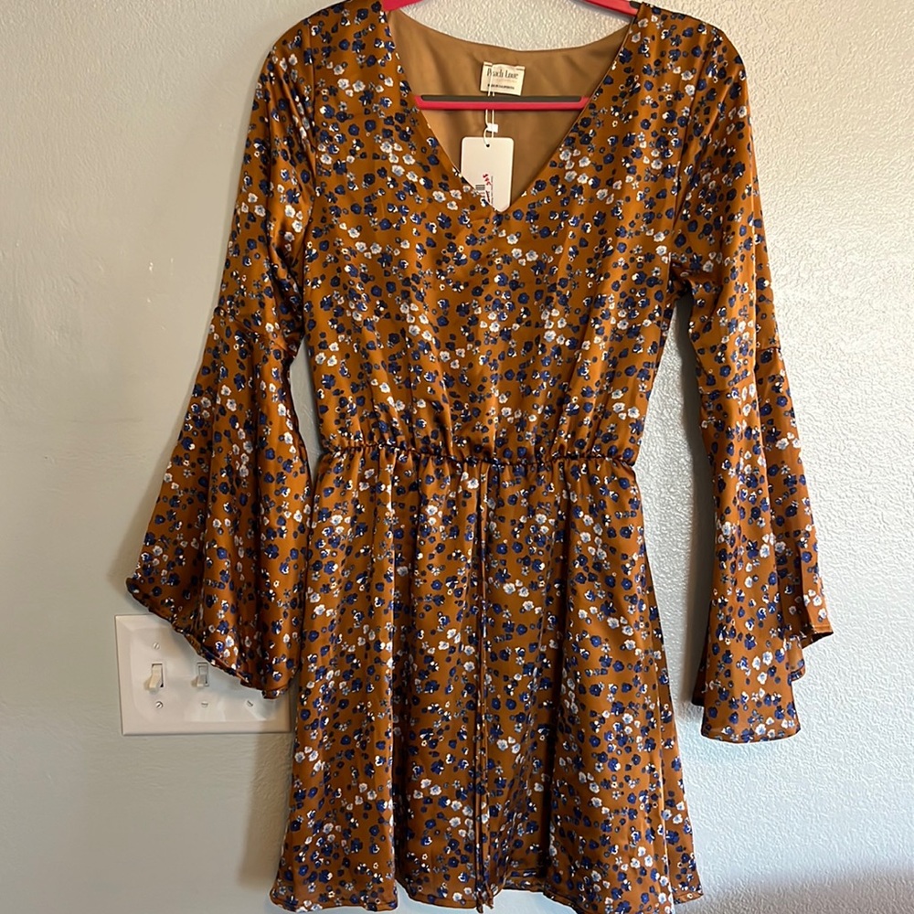 Rust floral satin mini dress w/ bell sleeves